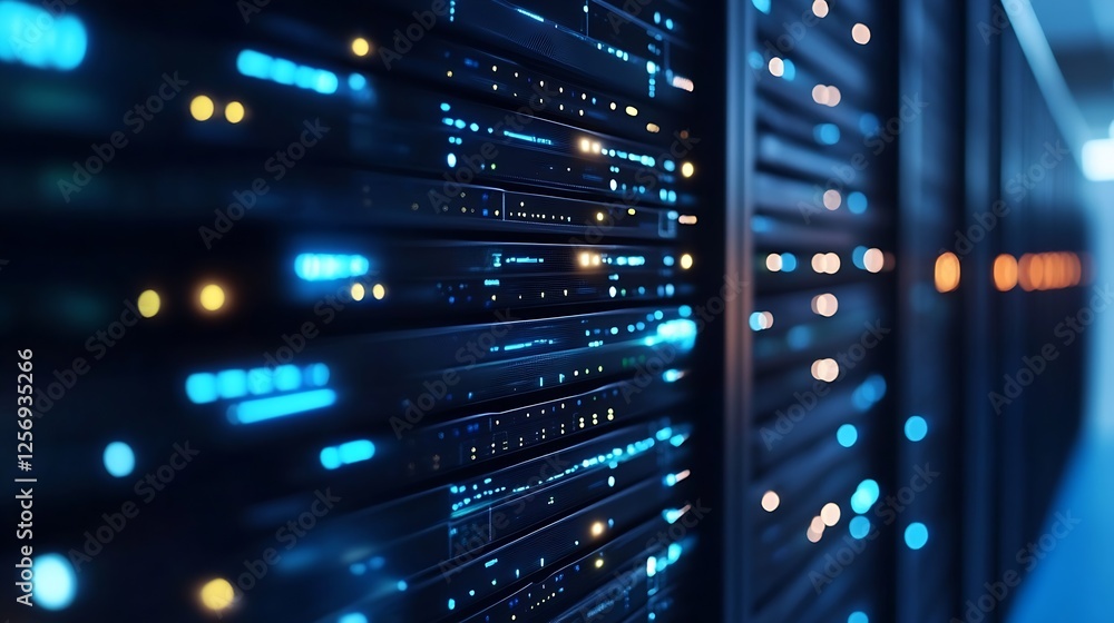 Fototapete Abstract closeup of a server rack showcasing illuminated lights in a modern data center environment : Generative AI