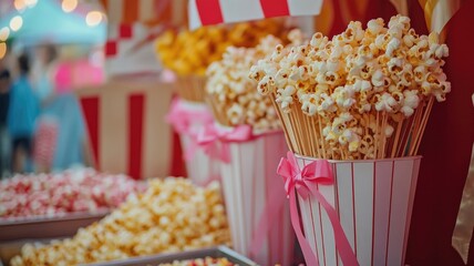 Festive popcorn stand with colorful display in carnival setting