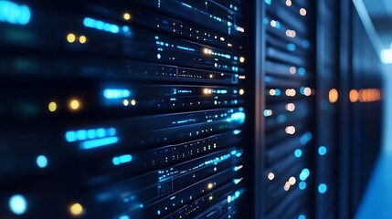 Abstract closeup of a server rack showcasing illuminated lights in a modern data center environment : Generative AI