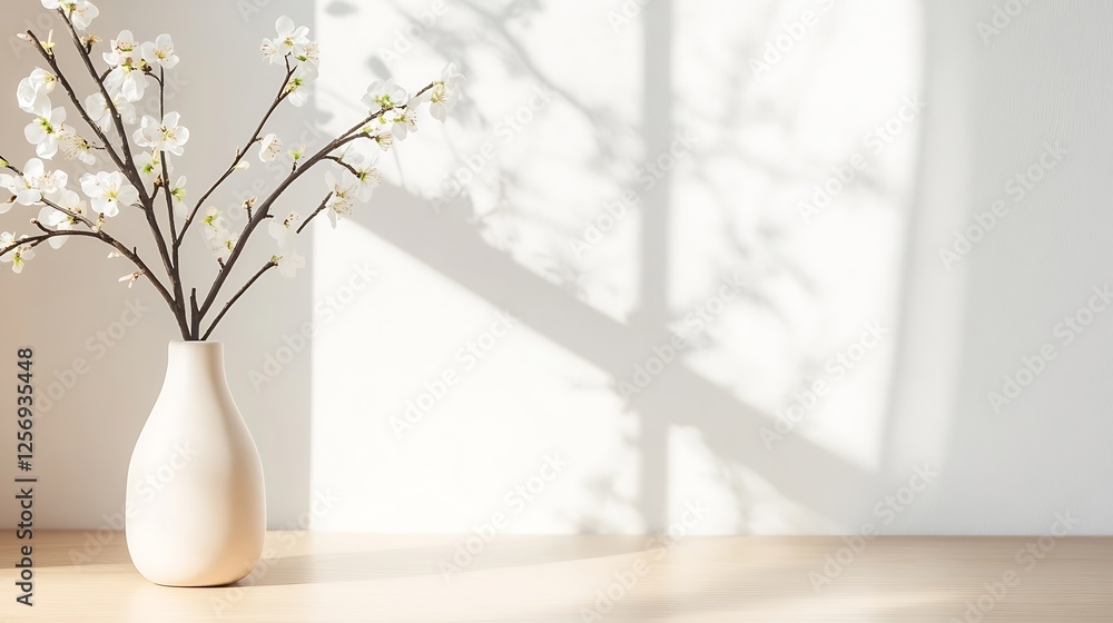Aufkleber Elegant minimalist arrangement of a vase with branches and flowers casting shadows on a bright wall : Generative AI