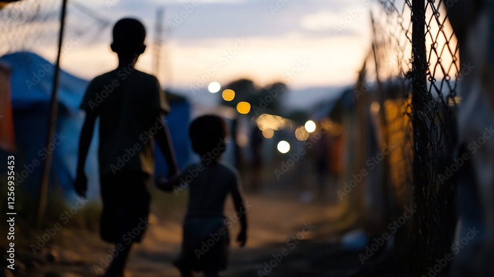 Poster silhouette of children walking hand in hand in a twilight camp setting with glowing lights in the ba