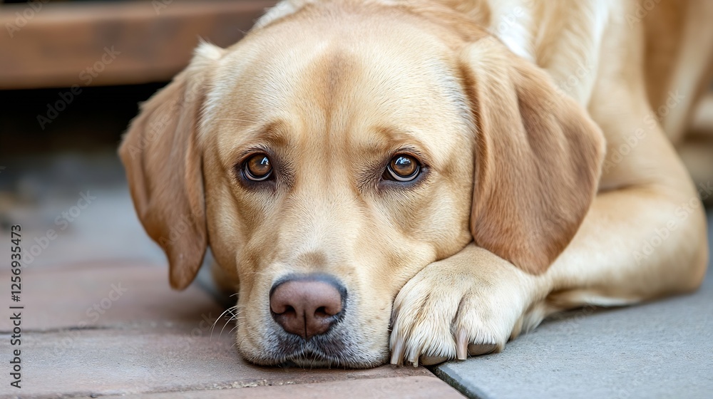 Poster close up portrait of a resting golden labrador with soulful eyes looking directly at the camera : ge