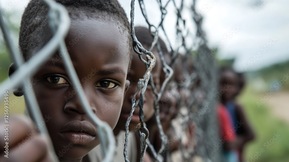 Aufkleber Thoughtful closeup of a young boy's face expressing emotions while looking through a fence : Generative AI