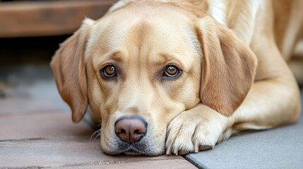 Close up portrait of a resting golden labrador with soulful eyes looking directly at the camera : Generative AI