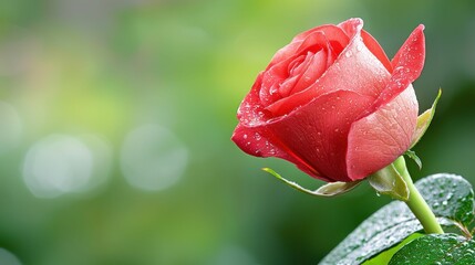 Beautiful pink rose with dew on petals.