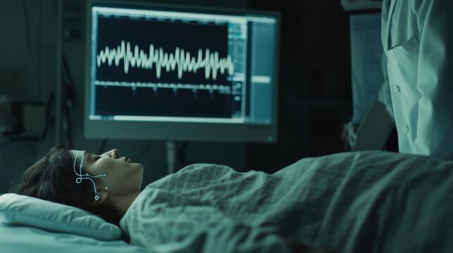Scientist in lab coat analyzing brainwave patterns on computer monitor while observing sleeping patient with EEG electrodes attached to head in medical setting.	