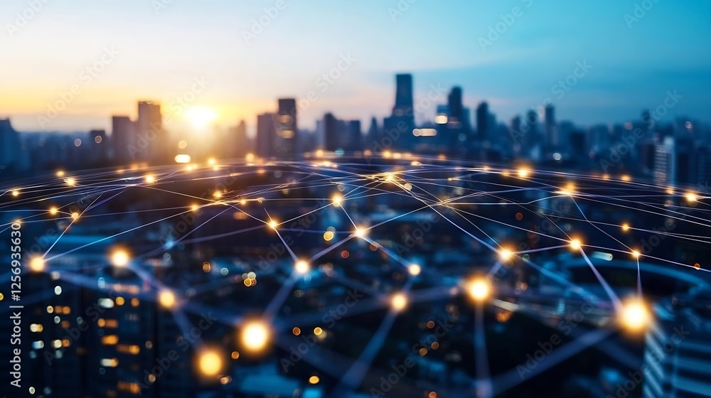 Poster Stunning city skyline at dusk with glowing lights symbolizing networking and digital connectivity : Generative AI