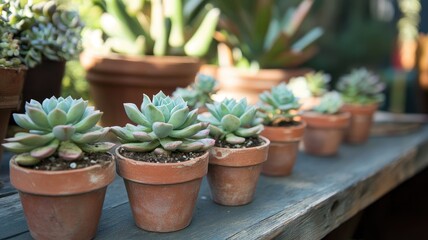 Fototapeta premium Succulent plants in terracotta pots lined on wooden surface