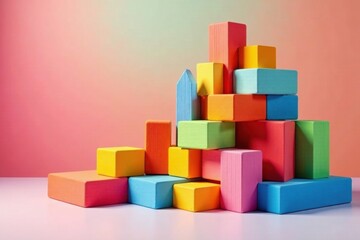 Fototapeta premium Colorful Wooden Blocks Arranged in a Creative Stacking Formation, Representing Abstract Concepts of Growth, Structure, and Design