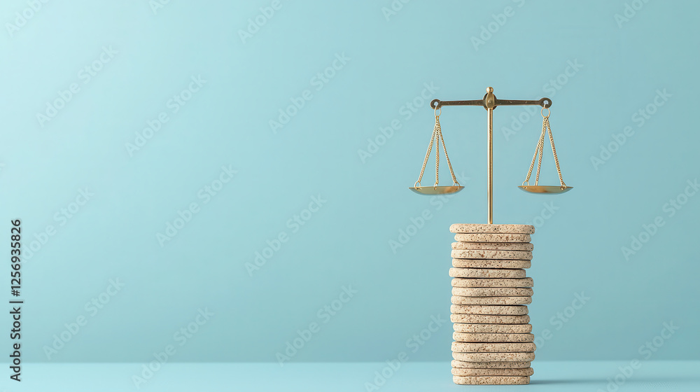 Poster balance scale placed on stack of coins symbolizes financial decision making and importance of weighi