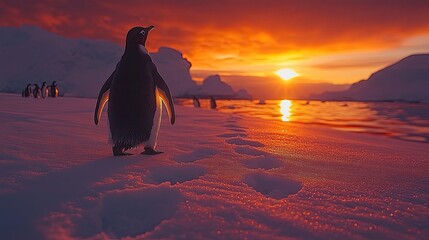 Majestic penguin standing on snow at sunset, with vibrant skies and icy landscape in background