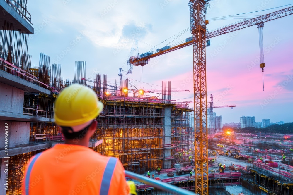 Aufkleber construction worker observing building site with machinery and materials during daylight hours