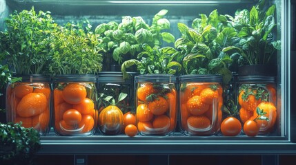 Fresh herbs and tomatoes preserved in jars in a refrigerator