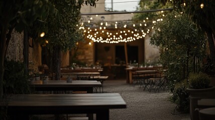 Fototapeta premium Charming outdoor cafe with string lights creating cozy ambiance