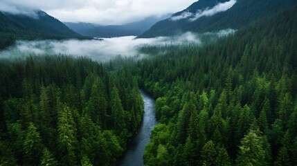 Misty Forest and River Valley Landscape Surrounded by Lush Green Trees : Generative AI
