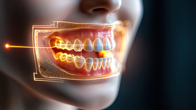 Holographic dental diagnostics showcasing AI powered 3D scanning of teeth and gums, illustrating advanced technology in oral health - Powered by Adobe