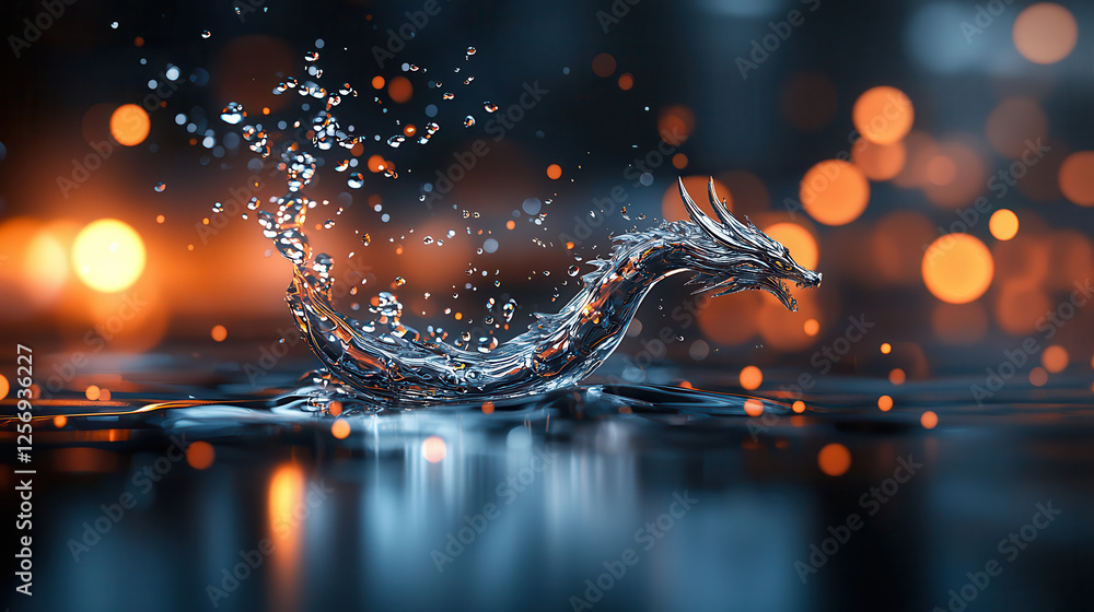 Poster holographic water dragon emerges from glowing surface, creating splashes and reflections. scene is v