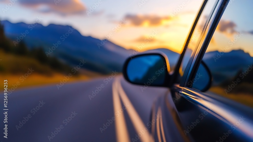 Poster captivating sunset drive through scenic landscape with reflection in car mirror : generative ai