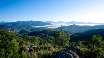 Breathtaking Panoramic View of Lush Green Mountains and Rolling Hills Under Clear Blue Sky : Generative AI