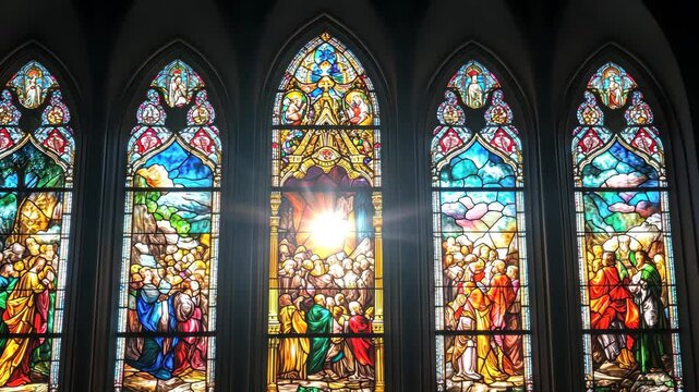 Stained glass windows depicting biblical scenes in an ornate church