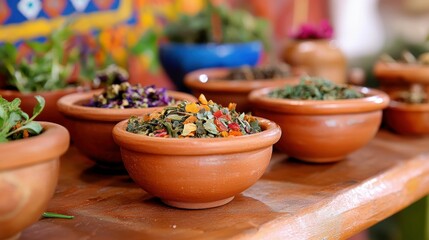 Terracotta Bowls Filled with Dried Herbs and Flowers