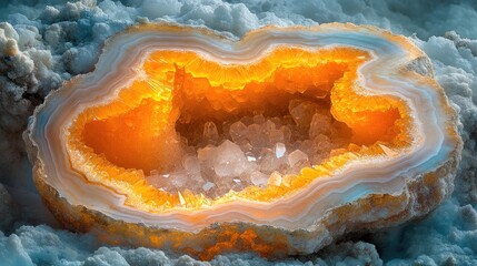 Stunning geode with vibrant orange and blue layers showcasing crystalline formations inside