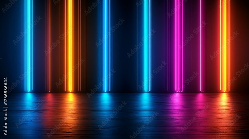 Poster display phases routine abstract geometric display with neon lights in vibrant colors and dynamic pha