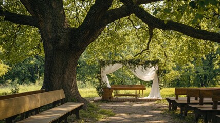 Rustic outdoor wedding setup under large tree with wooden benches, draped fabric, and natural greenery