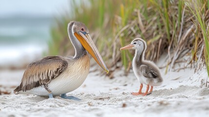 A mother pelican and her chick standing on a sandy beach surrounded by lush grass and ocean waves