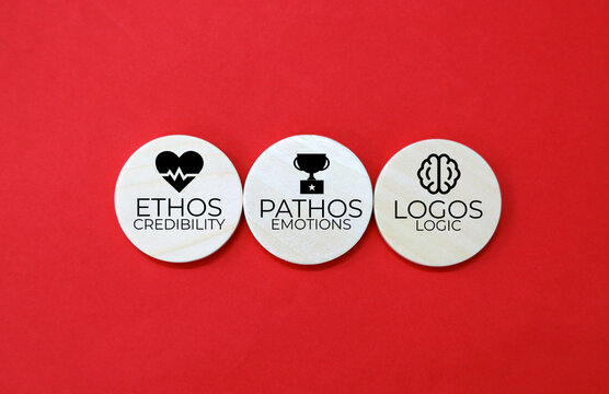 wooden circle with icons and the words Credibility Emotions and Logic ethos pathos and logos