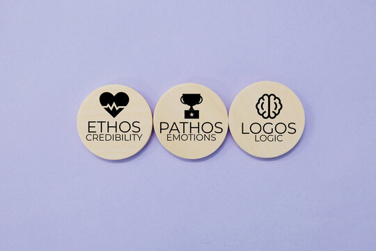 wooden circle with icons and the words Credibility Emotions and Logic ethos pathos and logos