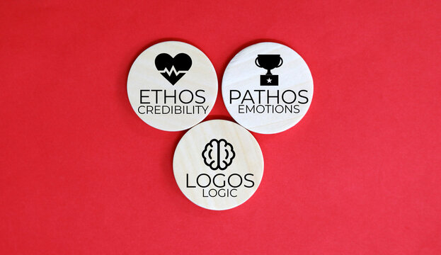 wooden circle with icons and the words Credibility Emotions and Logic ethos pathos and logos