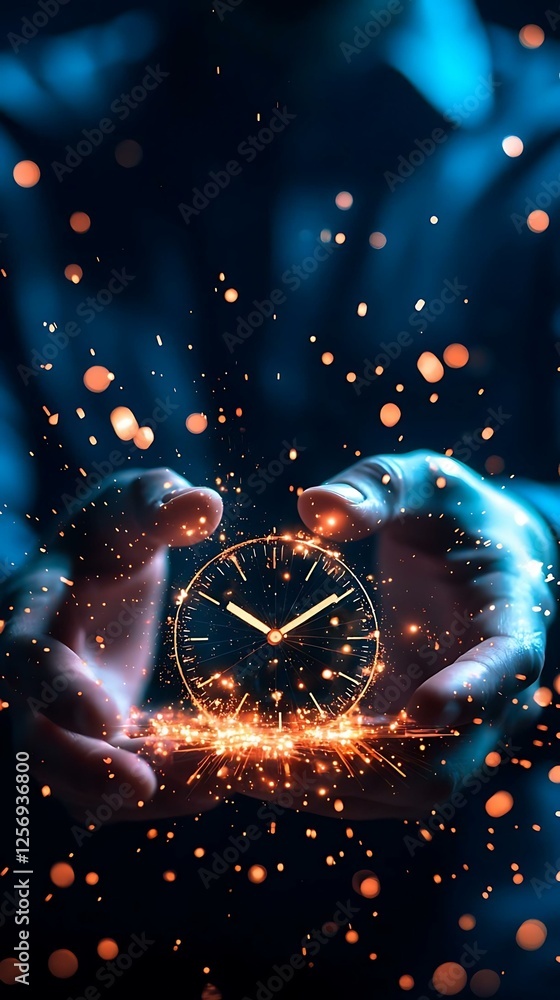 Poster display phases routine hands displaying symbolic clock with sparkling phases of time in a routine se