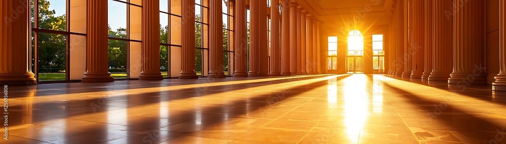 Poster display phases routine sunlight through columns illuminating a spacious hall in stunning warm tones