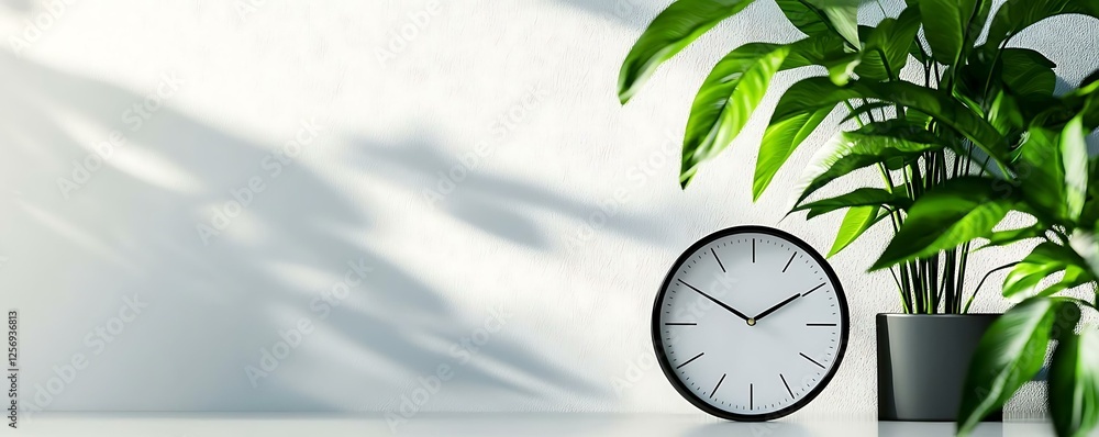 Poster display phases routine modern workspace displaying clock and green plant in bright indoor environmen