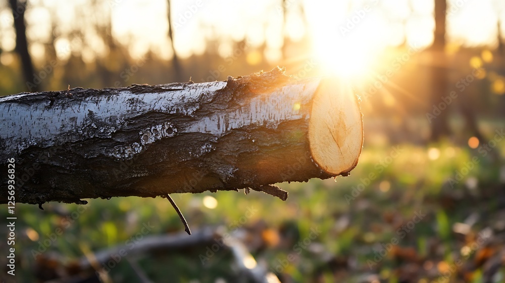 Poster sunlight streaming through a cut log showcasing the natural beauty of wood in a tranquil forest sett