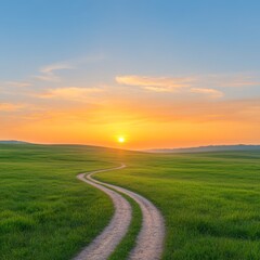 Serene Sunrise Over Rolling Fields with a Winding Dirt Path