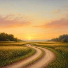 Fototapeta premium Serene Sunrise Over Winding Dirt Road in Tranquil Meadows