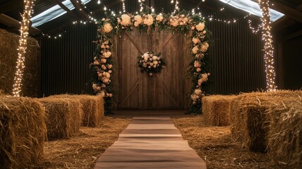 Rustic barn wedding setup with hay bales, flowers, and string lights creating romantic atmosphere