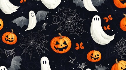Seamless pattern with pumpkins, ghosts and spider webs flying on black background