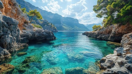 Obraz premium Serene coastal landscape with clear turquoise waters, rocky cliffs, and lush greenery under a bright sky