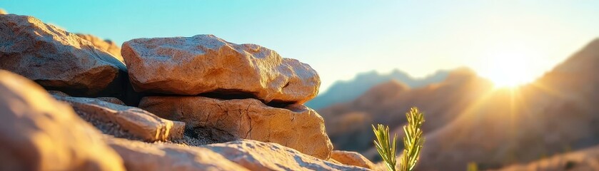 Obraz premium Sunrise over rocky terrain with delicate plant.