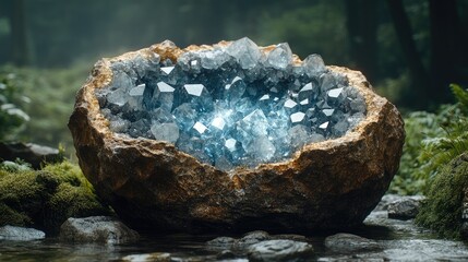 Glimmering crystal formation nestled in a mossy forest setting, reflecting light amidst serene nature