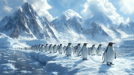 A colony of penguins marching across a snowy landscape with majestic mountains in the background