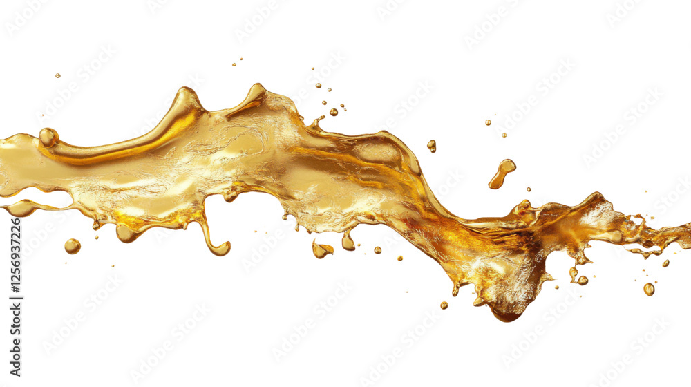 Poster golden liquid splashing and forming dynamic shape on transparent background