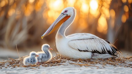 A mother pelican nurturing her fluffy chicks on a sandy nest at sunset near a tranquil wetland