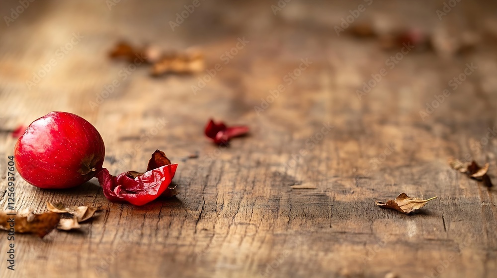 Poster fresh red apple on a rustic wooden table surrounded by dried leaves : generative ai