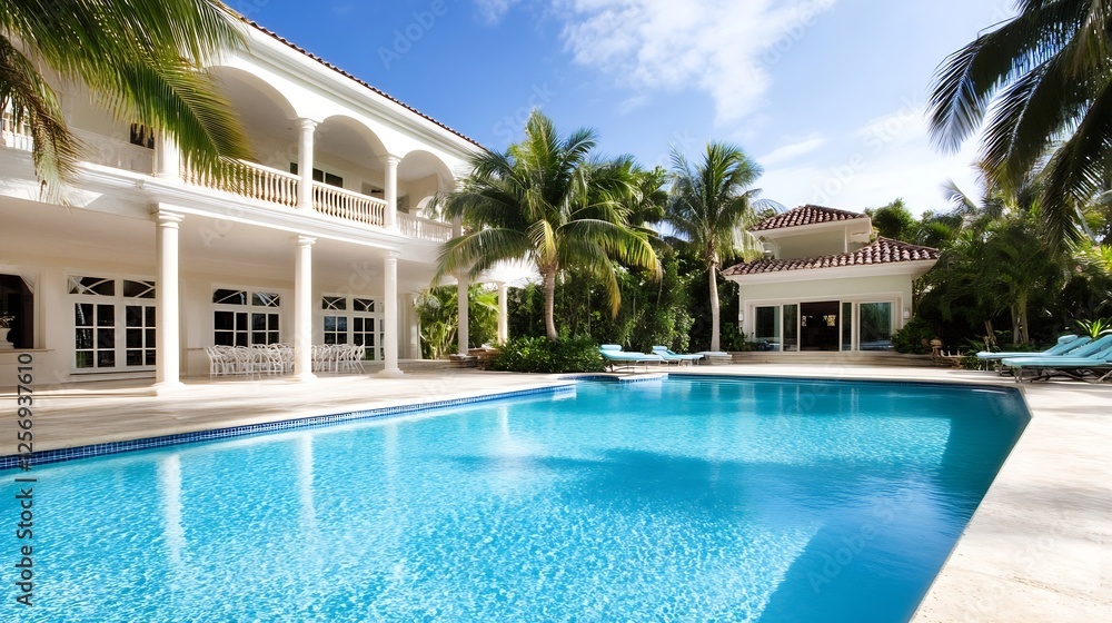 Poster stunning luxury villa with pool and tropical palm trees under a clear blue sky : generative ai