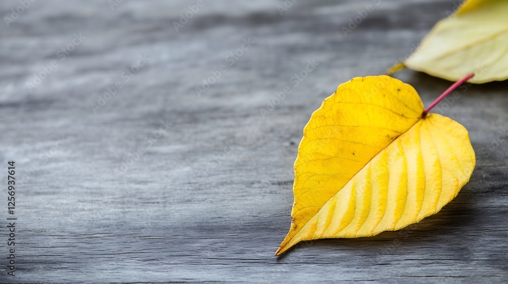 Poster yellow leaf resting on a weathered wooden surface creating a rustic autumn ambiance : generative ai