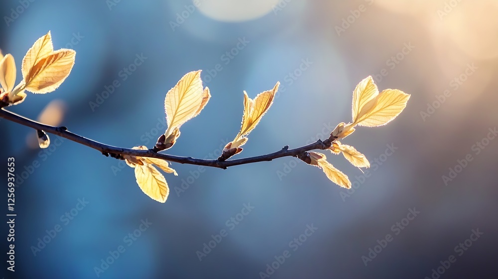 Poster delicate branch with golden leaves glowing softly in ethereal light creating a dreamy atmosphere : g